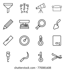 Thin line icon set : funnel, alarm clock, telescope, electrostatic, pencil, market scales, magnifier, construction, level, barometer, thermometer, kitchen, handle, sickle, pruner