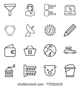 Thin line icon set : funnel, call center, diagram, notebook, hex molecule, satellite antenna, sun power, pencil, wallet, delete cart, earth, car baggage, hand mill, watering, pig, foam bucket