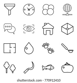 Thin line icon set : funnel, clock, atom core, globe connect, discussion, eye identity, home, box, plan, drop, pets, ladle, trees, sickle, fish, tomato