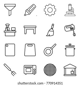 Thin line icon set : funnel, marker, gear, microscope, customs control, table, broom, mixer, cutting board, pan, big fork, grill oven, sieve, utility room