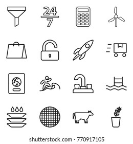 Thin line icon set : funnel, 24 7, calculator, windmill, shopping bag, unlock, rocket, fast deliver, passport, surfer, water tap, pool, plate washing, sieve, cow, seedling