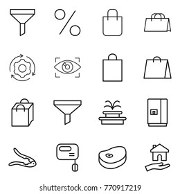 Thin line icon set : funnel, percent, shopping bag, around gear, eye identity, fountain, fridge, walnut crack, mixer, steake, housing
