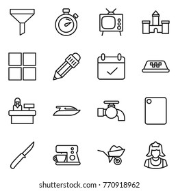 Thin line icon set : funnel, stopwatch, tv, castle, window, pencil, terms, taxi, reception, yacht, water tap, cutting board, knife, coffee maker, wheelbarrow, cleaner