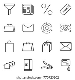 Thin line icon set : funnel, newspaper, percent, sale, shopping bag, mail, around gear, eye identity, houses, fridge, walnut crack, mixer