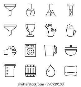 Thin line icon set : funnel, round flask, vial, wineglass, cleanser, hot drink, acid, washing machine, cup, cauldron, measuring, barrel, drop, sponge