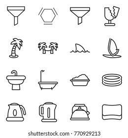 Thin line icon set : funnel, hex molecule, broken, palm, hammock, shark flipper, windsurfing, sink, bath, washing, inflatable pool, kettle, sponge