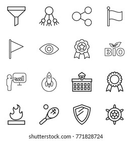 Thin line icon set : funnel, share, flag, eye, medal, bio, presentation, rocket, university, flammable, tennis, shield, handwheel