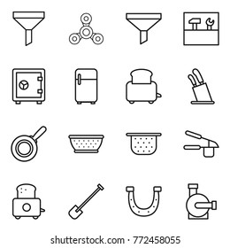 Thin line icon set : funnel, spinner, tools, safe, fridge, toaster, stands for knives, pan, colander, garlic clasp, shovel, horseshoe, water pump