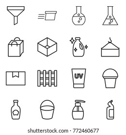 Thin line icon set : funnel, delivery, round flask, shopping bag, box, cleanser, loading crane, package, pallet, uv cream, bucket, ketchup, liquid soap, toilet