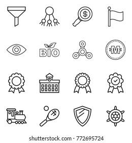 Thin line icon set : funnel, share, dollar magnifier, flag, eye, bio, spinner, crypto currency, medal, university, train, tennis, shield, handwheel