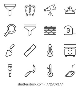 Thin line icon set : funnel, alarm clock, telescope, scales, magnifier, brick wall, measuring tape, construction, level, thermometer, kitchen, handle, sickle, scoop