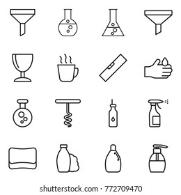 Thin line icon set : funnel, round flask, wineglass, hot drink, level, acid, chemical, corkscrew, vegetable oil, sprayer, sponge, shampoo, cleanser, liquid soap