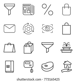 Thin line icon set : funnel, newspaper, percent, shopping bag, mail, around gear, eye identity, fountain, fridge, mixer, steake, housing