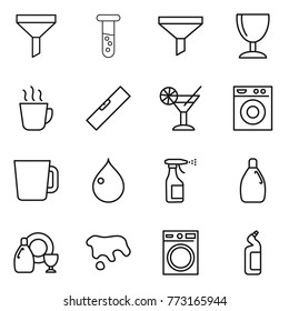 Thin line icon set : funnel, vial, wineglass, hot drink, level, cocktail, washing machine, cup, drop, sprayer, cleanser, dish, spot, toilet