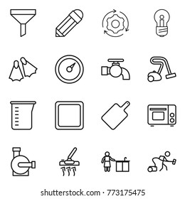 Thin line icon set : funnel, pencil, around gear, bulb, flippers, barometer, water tap, vacuum cleaner, measuring cup, cutting board, grill oven, pump, kitchen cleaning