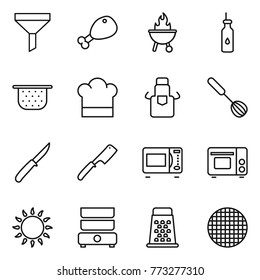 Thin line icon set : funnel, chicken leg, bbq, vegetable oil, colander, cook hat, apron, whisk, knife, chef, microwave oven, grill, gas, double boiler, grater, sieve