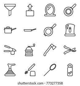 Thin line icon set : funnel, baggage, mirror, pan, saute, kettle, garlic clasp, hand mill, axe, pruner, plunger, toilet brush, duster, please clean