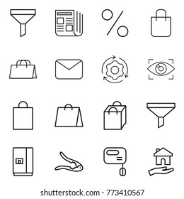 Thin line icon set : funnel, newspaper, percent, shopping bag, mail, around gear, eye identity, fridge, walnut crack, mixer, housing