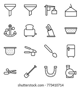 Thin line icon set : funnel, loading, crane, anchor, toaster, stands for knives, colander, garlic clasp, big spoon, fridge, scissors, shovel, horseshoe, water pump