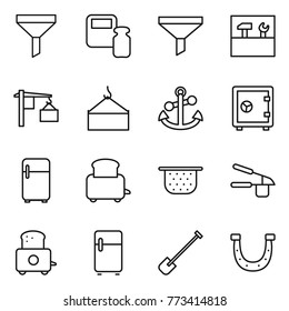 Thin line icon set : funnel, scales weight, tools, loading, crane, anchor, safe, fridge, toaster, colander, garlic clasp, shovel, horseshoe