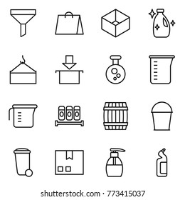 Thin line icon set : funnel, shopping bag, box, cleanser, loading crane, package, chemical, measuring cup, spices, barrel, bucket, trash bin, liquid soap, toilet
