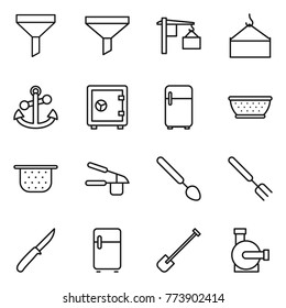 Thin line icon set : funnel, loading, crane, anchor, safe, fridge, colander, garlic clasp, big spoon, fork, knife, shovel, water pump