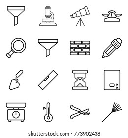 Thin line icon set : funnel, microscope, telescope, scales, magnifier, brick wall, pencil, construction, level, sand clock, kitchen, thermometer, pruner, rake