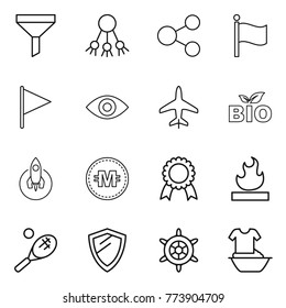 Thin line icon set : funnel, share, flag, eye, plane, bio, rocket, crypto currency, medal, flammable, tennis, shield, handwheel, handle washing