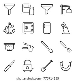 Thin line icon set : funnel, scales weight, loading, anchor, safe, fridge, stands for knives, colander, garlic clasp, big spoon, fork, knife, toaster, shovel, horseshoe