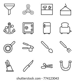 Thin line icon set : funnel, spinner, tools, loading crane, anchor, safe, fridge, toaster, pan, garlic clasp, big spoon, fork, knife holder, scissors, horseshoe