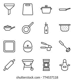 Thin Line Icon Set : Funnel, Cutting Board, Pan, Vegetable Oil, Colander, Egg Timer, Garlic Clasp, Whisk, Rolling Pin, Bbq, Pasta, Apron