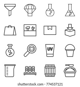 Thin line icon set : funnel, parachute, round flask, shopping bag, tools, package box, chemical, cargo search, uv cream, bucket, measuring cup, spices, barrel, washing powder