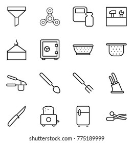 Thin line icon set : funnel, spinner, scales weight, tools, loading crane, safe, colander, garlic clasp, big spoon, fork, knife holder, toaster, fridge, scissors
