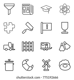 Thin line icon set : funnel, newspaper, graduate hat, atom, puzzle, repair, important flag, fragile, fork loader, pallet, trailer, flippers, pan, croissant, windmill, soap