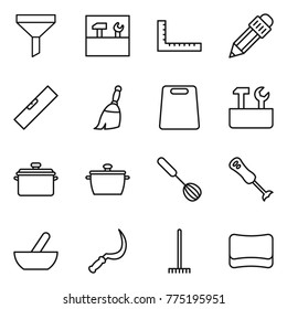 Thin line icon set : funnel, tools, ruler, pencil, level, broom, cutting board, repair, pan, whisk, blender, mortar, sickle, rake, sponge