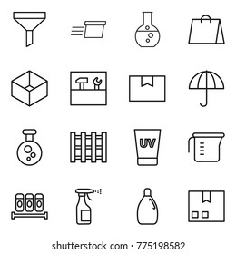 Thin line icon set : funnel, delivery, round flask, shopping bag, box, tools, package, dry cargo, chemical, pallet, uv cream, measuring cup, spices, sprayer, cleanser