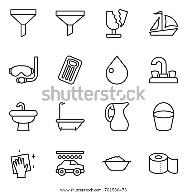 Thin line icon set :
funnel, broken, sail boat, diving mask, inflatable mattress, drop,
water tap, sink, bath, jug, bucket, wiping, car wash, foam basin,
toilet paper