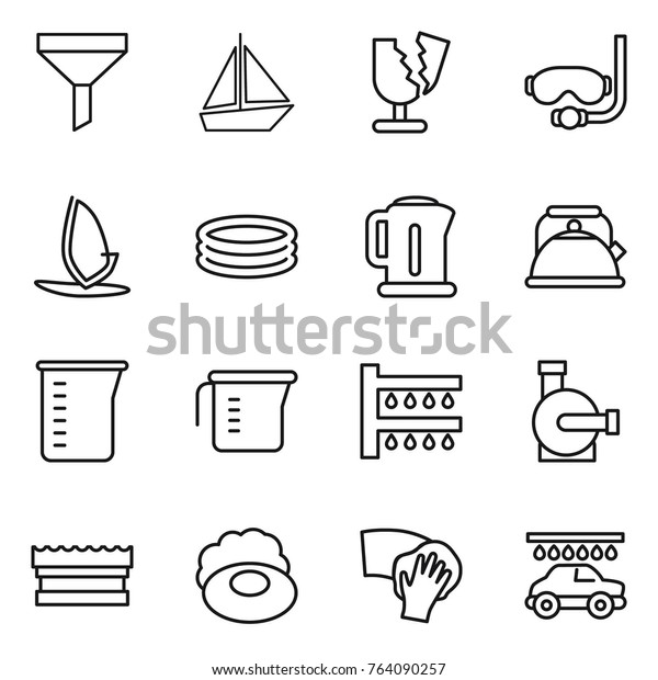 Thin line icon set :\
funnel, boat, broken, diving mask, windsurfing, inflatable pool,\
kettle, measuring cup, watering, water pump, sponge, soap, wiping,\
car wash