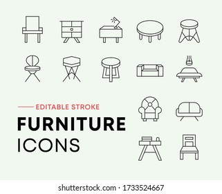 Thin line icon set of furniture, home stuff