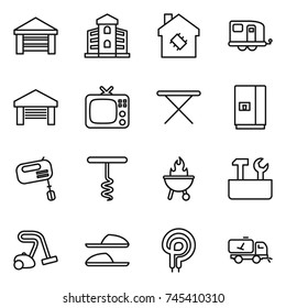 thin line icon set : garage, building, smart house, trailer, tv, iron board, fridge, mixer, corkscrew, bbq, repair tools, vacuum cleaner, slippers, elecric oven, home call cleaning