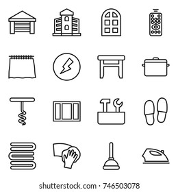 thin line icon set : garage, building, arch window, remote control, curtain, electricity, stool, pan, corkscrew, repair tools, slippers, towels, wiping, plunger, iron