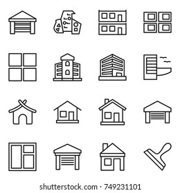 thin line icon set : garage, modern architecture, modular house, panel, window, building, office, hotel, bungalow, home, scraper