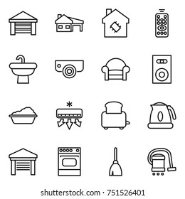 thin line icon set : garage, house with, smart, remote control, sink, surveillance camera, armchair, speaker, washing, air conditioning, toaster, kettle, oven, broom, vacuum cleaner