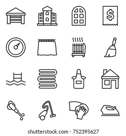 thin line icon set : garage, building, arch window, tax, barometer, curtain, radiator, broom, pool, towels, apron, house, blower, vacuum cleaner, wiping, iron