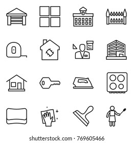 Thin line icon set : garage, window, university, gothic architecture, measuring tape, smart house, architector, office, home, key, iron, hob, sponge, wiping, scraper, woman with duster
