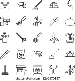 Thin Line Icon Set - garden fork vector, farm, rake, wheelbarrow, well, hoe, sickle, pumpkin, greenhouse, sprayer, fertilizer, drip irrigation, windmill