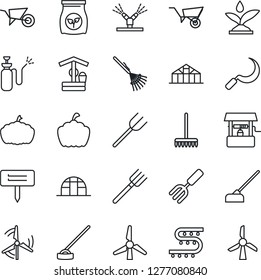 Thin Line Icon Set - garden fork vector, farm, rake, wheelbarrow, well, hoe, sickle, plant label, pumpkin, greenhouse, sprayer, fertilizer, drip irrigation, windmill