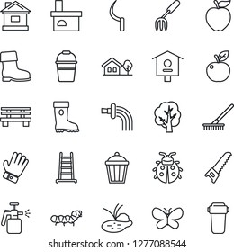 Thin Line Icon Set - garden fork vector, rake, ladder, tree, bucket, watering, glove, boot, saw, butterfly, lady bug, house, sickle, bench, light, fireplace, caterpillar, pond, bird, sprayer, with