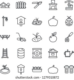 Thin Line Icon Set - garden fork vector, fence, ladder, watering can, pruner, lawn mower, lady bug, house, seedling, well, pumpkin, light, fireplace, pond, picnic table, bird, oil barrel, with tree