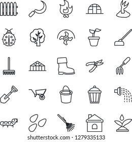 Thin Line Icon Set - garden fork vector, shovel, ripper, fence, rake, seedling, tree, wheelbarrow, bucket, watering, sproute, pruner, boot, lady bug, fire, house, hoe, sickle, light, greenhouse